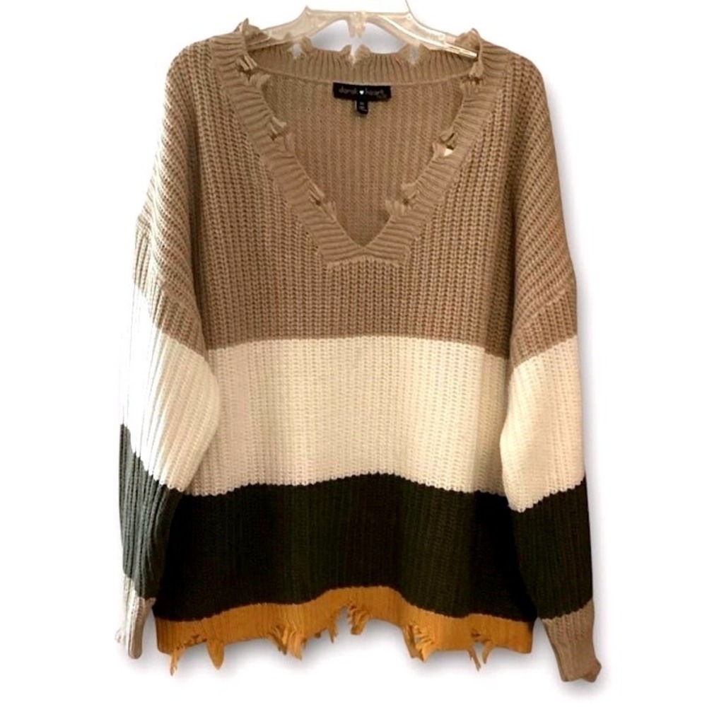 Derek Heart Scarecrow Knit Sweater Women's 3X V-neck Neutrals Color Block